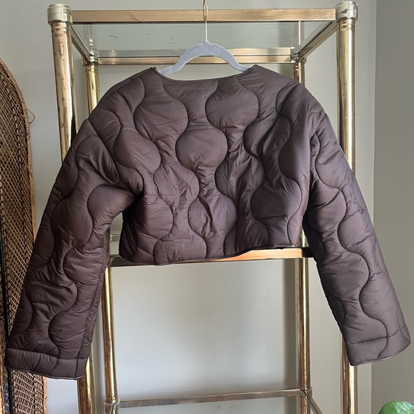 Brown Cropped Quilted Button Down Puffer Coat - Picture 6 of 7